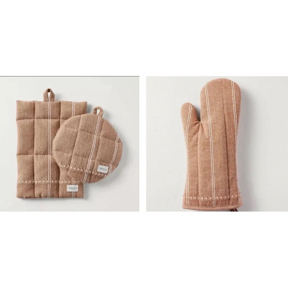 Hearth & Hand 3 PC SET Striped Pumpkin Brown Orange Oven Mitt & Potholders NEW!